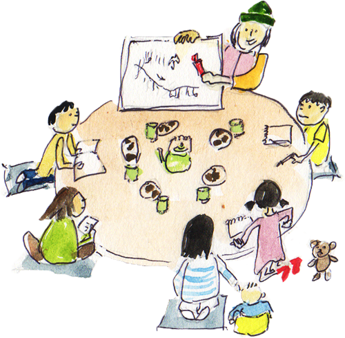 円卓を囲んで話をするまのいいお茶会のイラスト