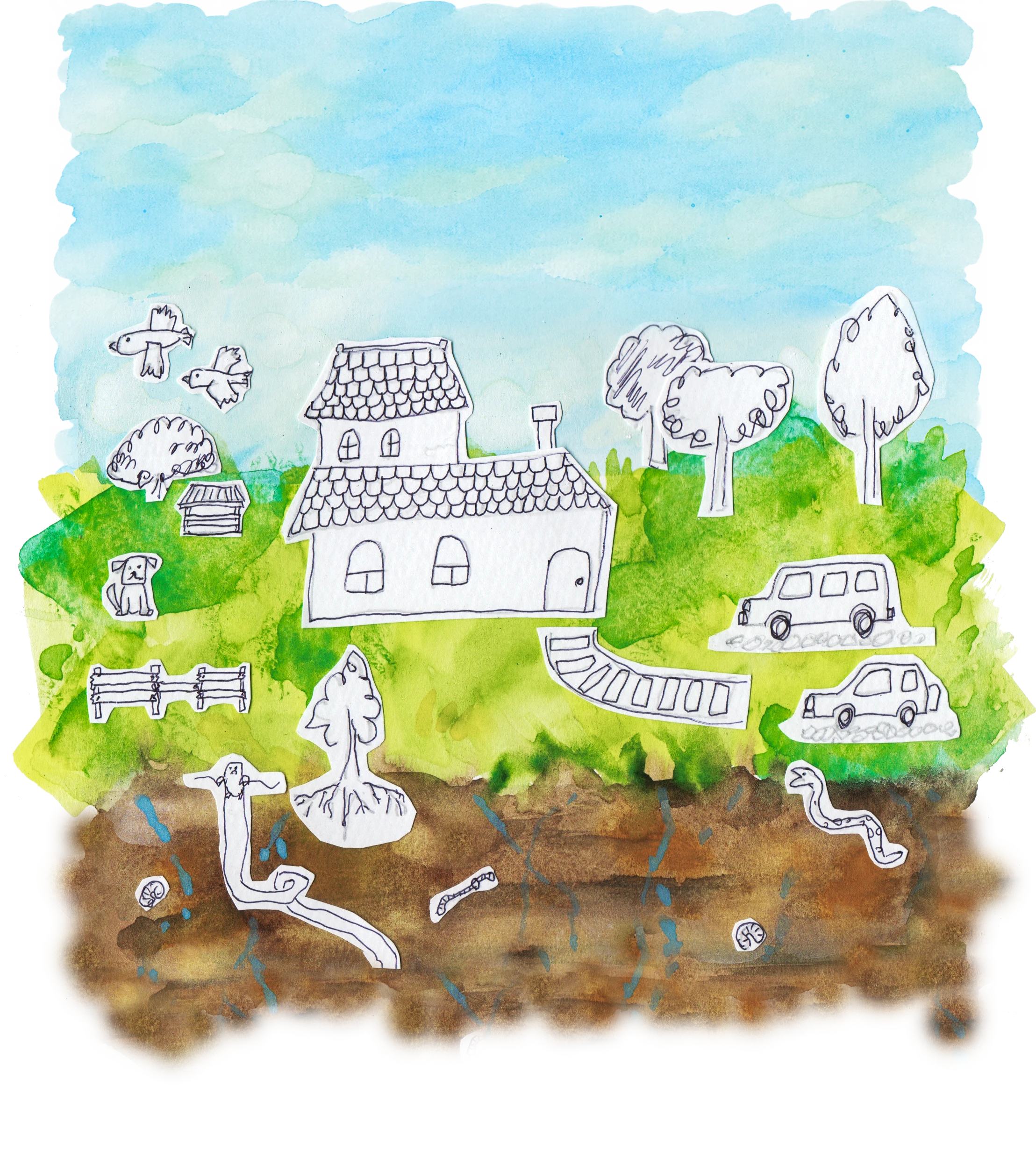 家や木々、犬や鳥、地面の下の生き物までを描いた、まのいいりょうしの風景